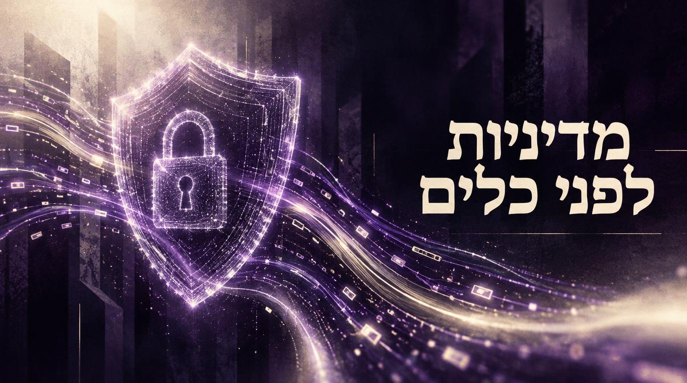 מגן סגול עם מנעול זוהר וזרמי מידע סביבו, עם הכותרת מדיניות לפני כלים