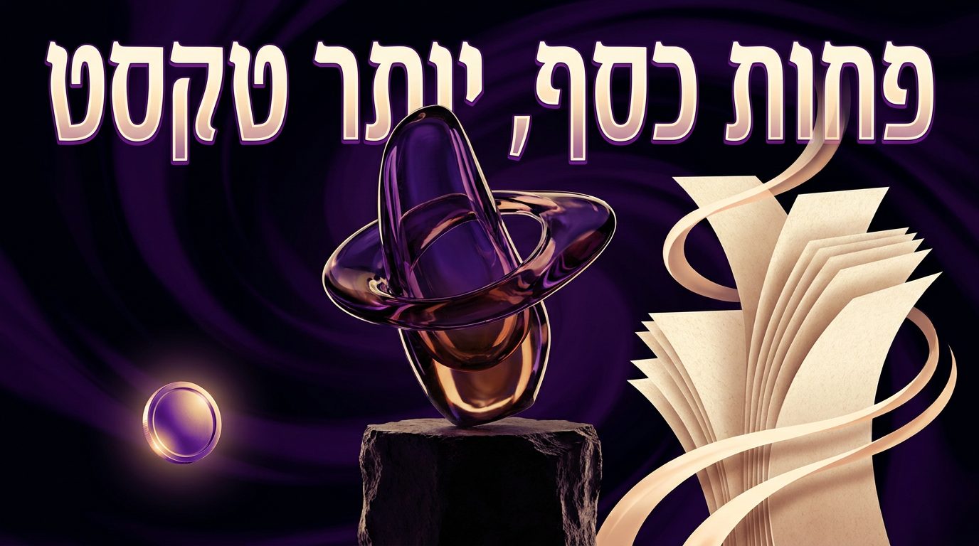 מטבע סגול קטן מול ערימת דפים גבוהה, והכותרת פחות כסף, יותר טקסט